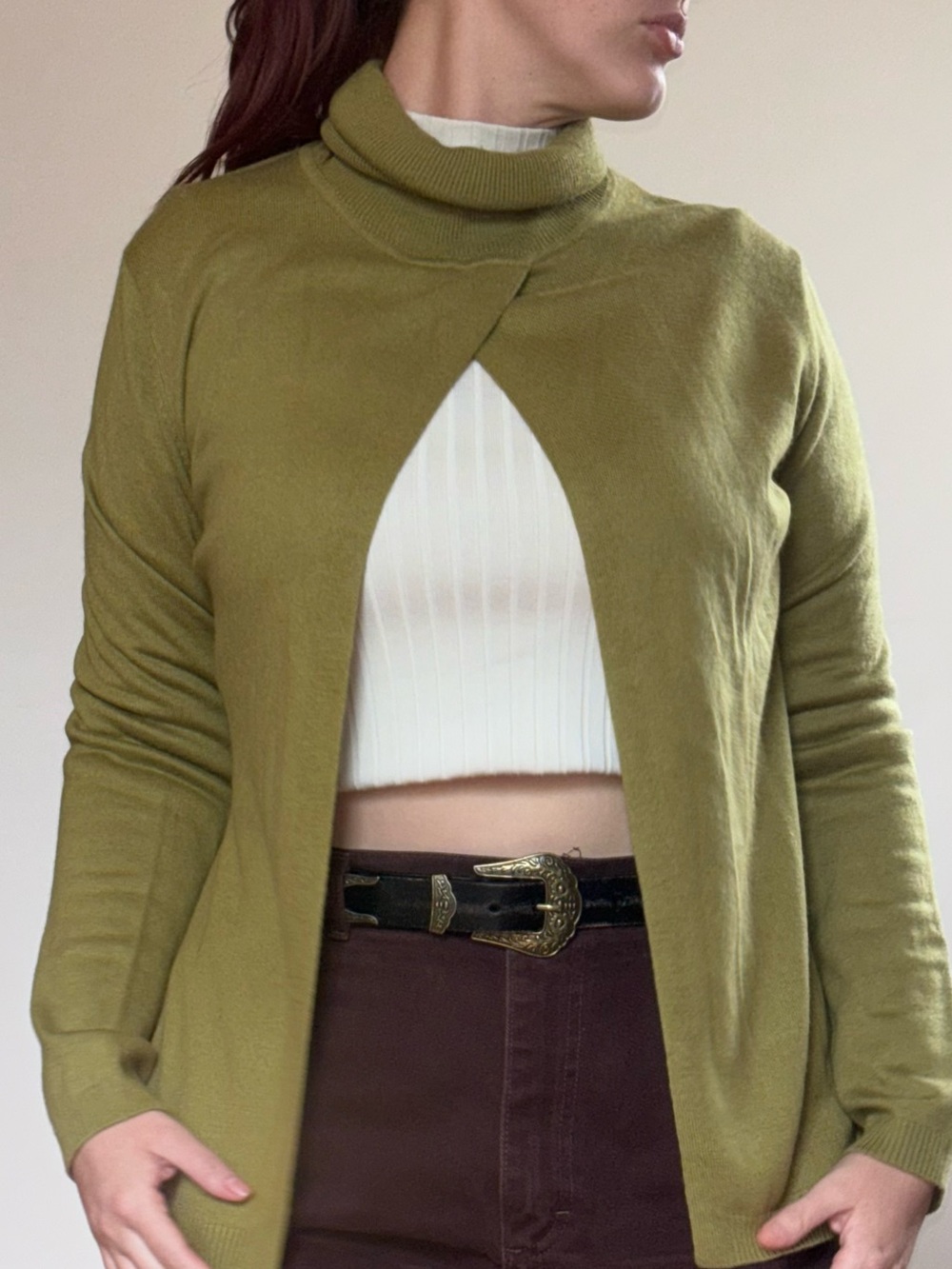 Ellen Tracy Olive Green Cashmere Silk Open Front Turtleneck Sweater Layering Top